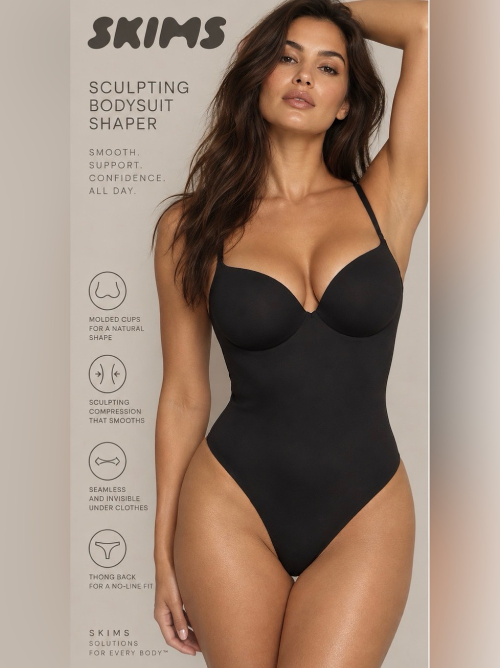SKIMS Sculpting Bodysuit Shaper - Black push-up bra thong back S